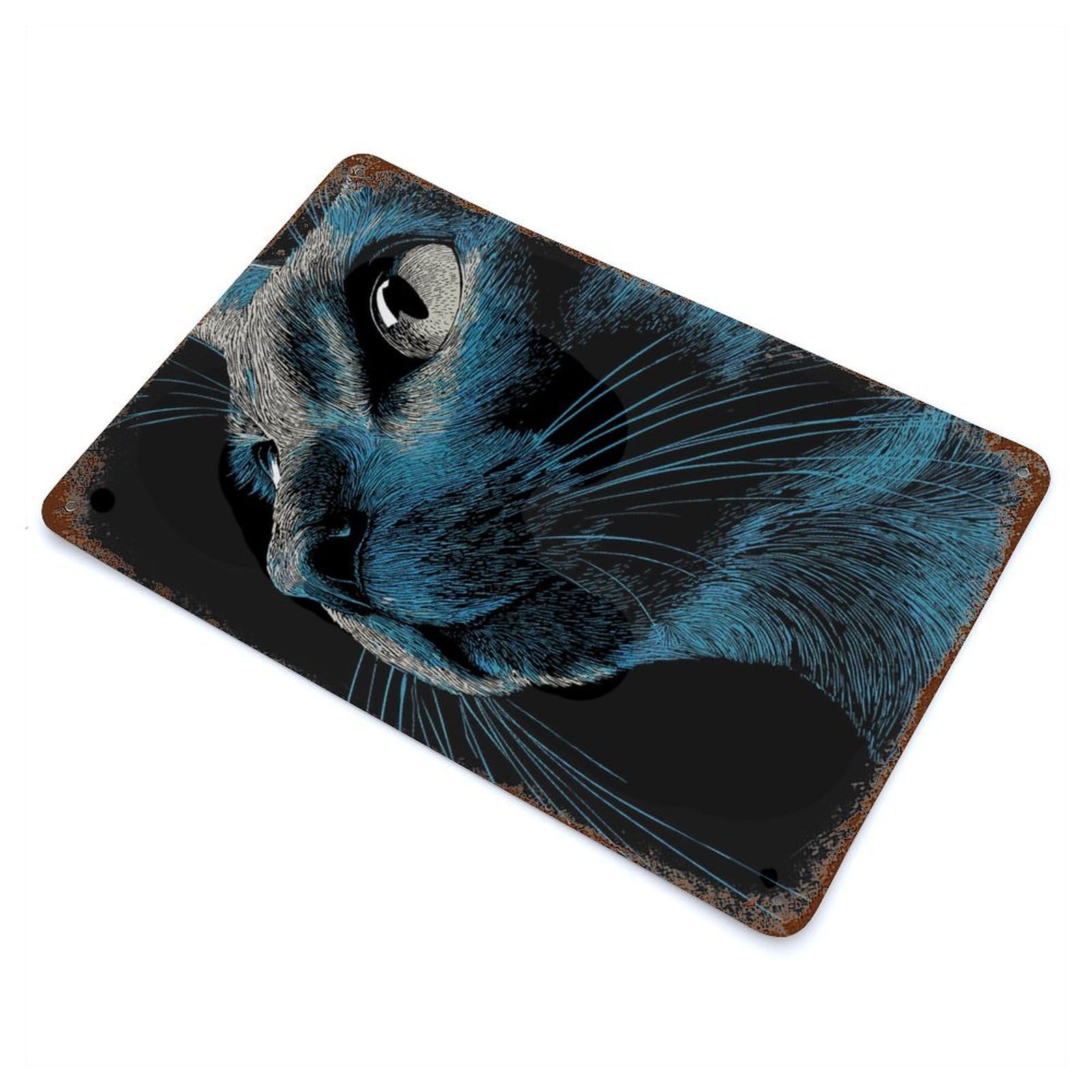 Blue Cat Portrait Rustic Tin Plaque 11.8"x7.9", Ideal for Cafe, Home Bar And Lounge Decor