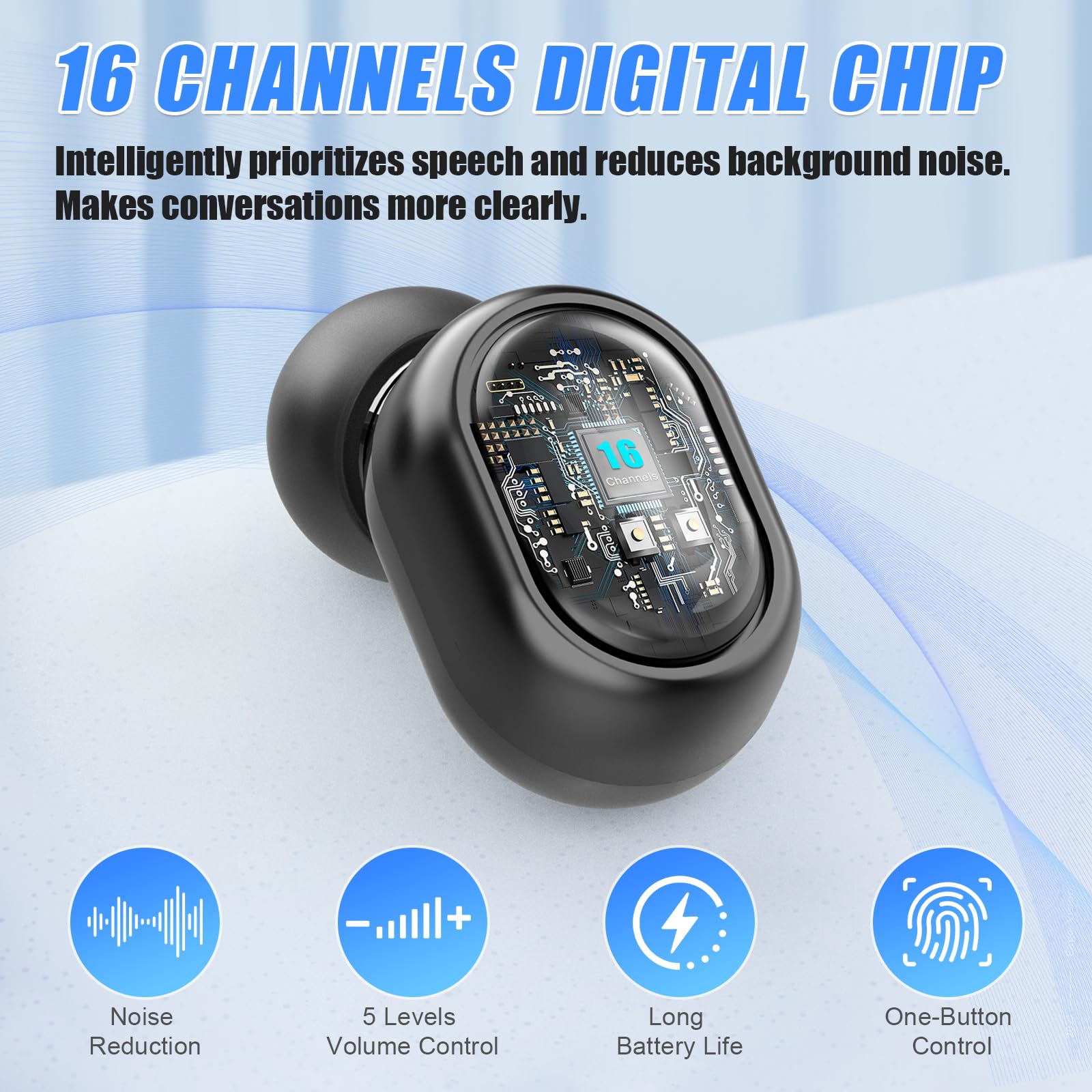 Audífonos Bluetooth para personas mayores recargables con cancelación de ruido y control de volumen, amplificador auditivo interno para adultos con pérdida auditiva, estuche de carga portátil 2