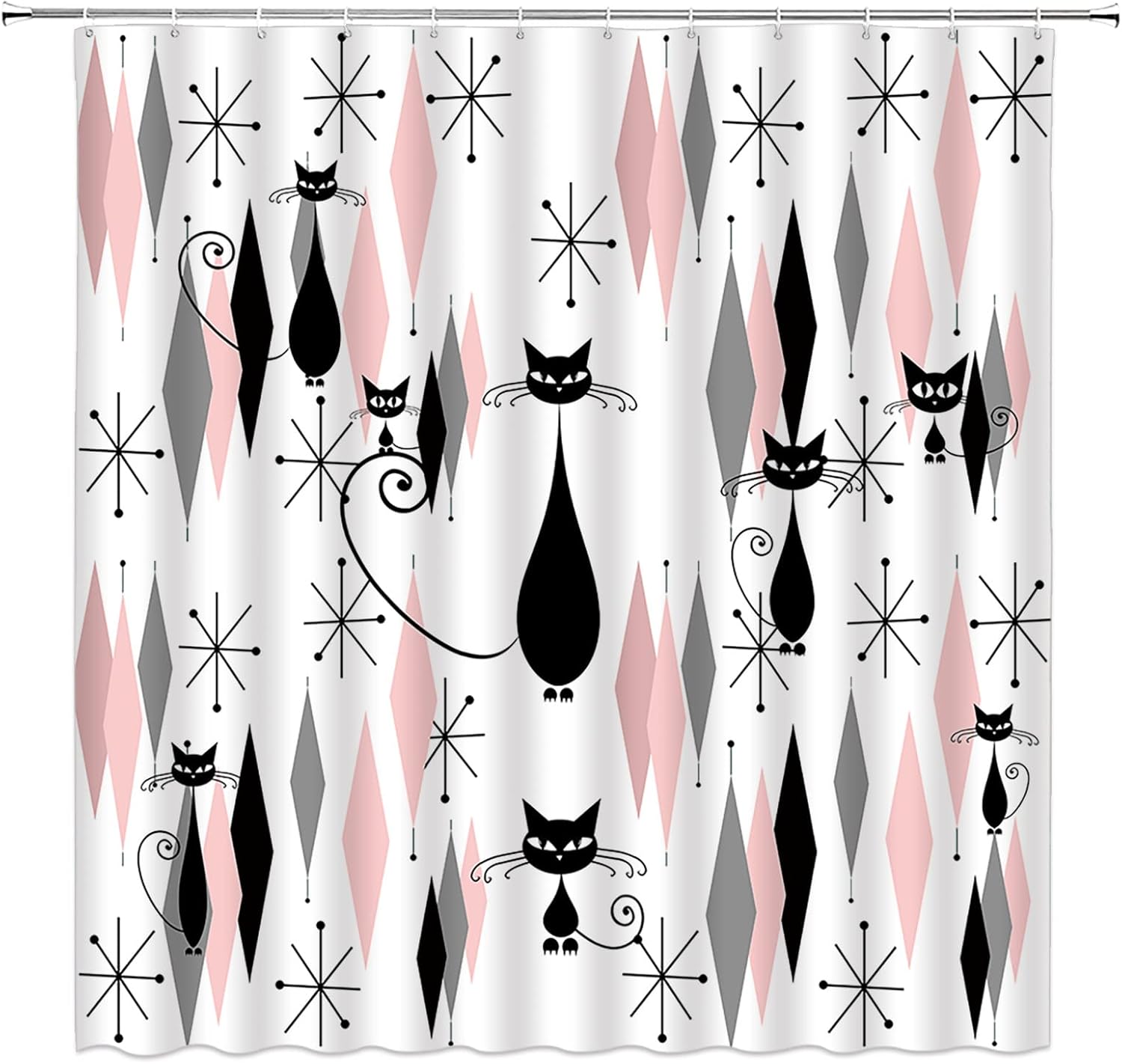 Mid Century Black Cat Shower Curtain Atomic Cat Modern Abstract Geometric Iconic Pattern 1950s Vintage Funny Pink Black Fabric Bathroom Curtains Decor Set with Hook (74.8" Wx70 H)
