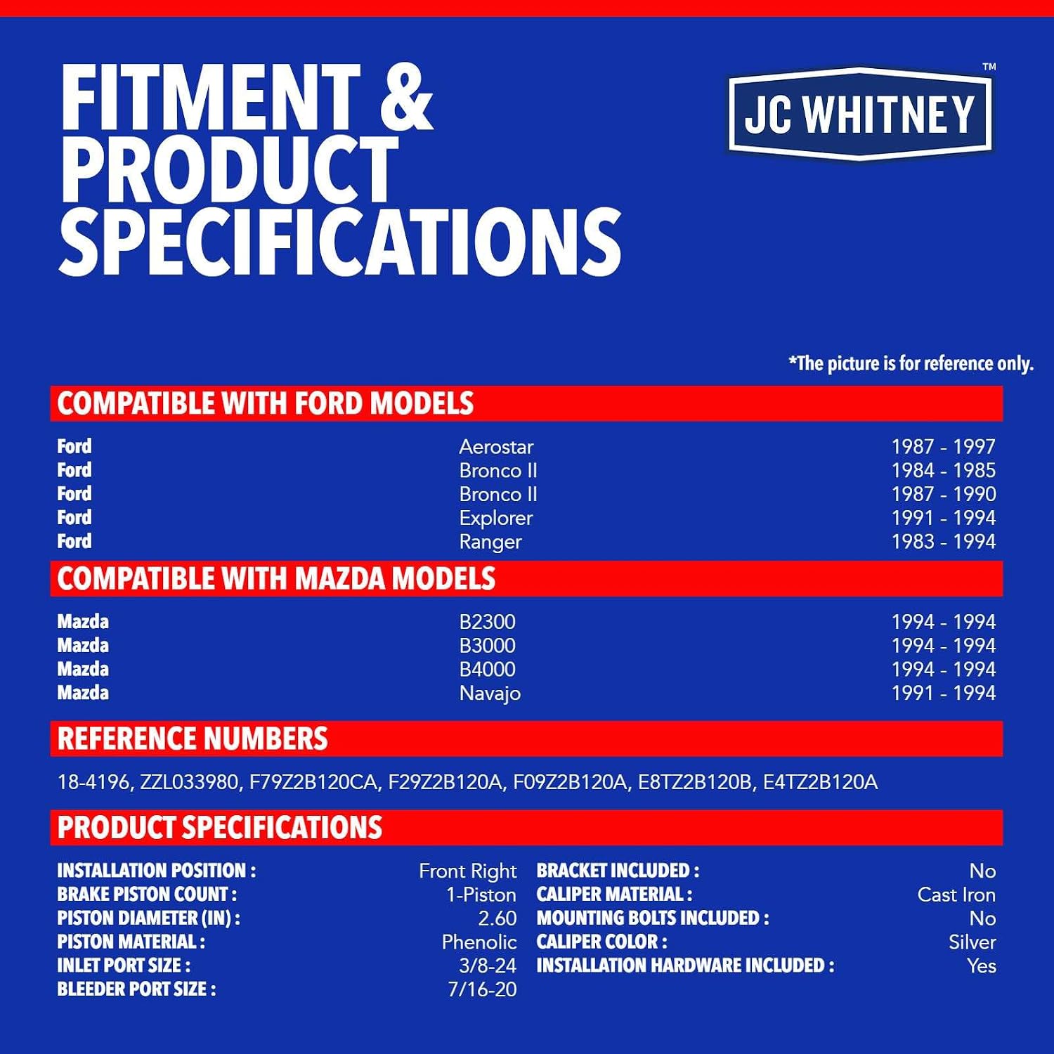 JC Whitney JFBAJCWBC00351 Front Right Brake Caliper - Compatible with Ford Explorer 91-94, Ranger 83-94, Aerostar 87-97, Bronco II 84-85&87-90, Mazda B2300 B3000 B4000 94, Navajo 91-94