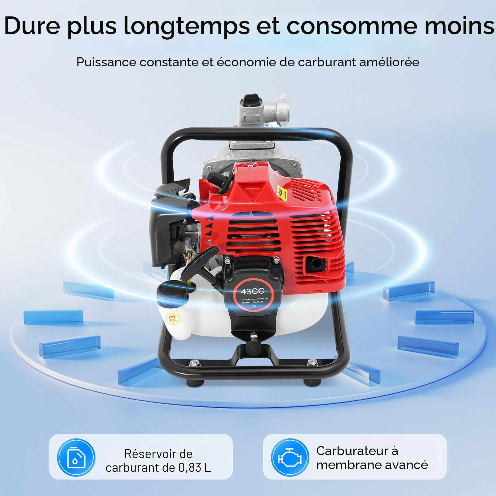 Pompe à eau à essence 43 cc, moteur 2 temps de 1,7 CV, pompe à eau portable de 1,25 kW, débit 10 m³/h, hauteur de refoulement max. 30 m, 8500 tr/min