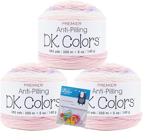 Premier Yarns DK Colors - Ovillo de hilo antibolitas con rayas autoservicio, 5 onzas, peso ligero #3, paquete de 3 unidades con marcadores de