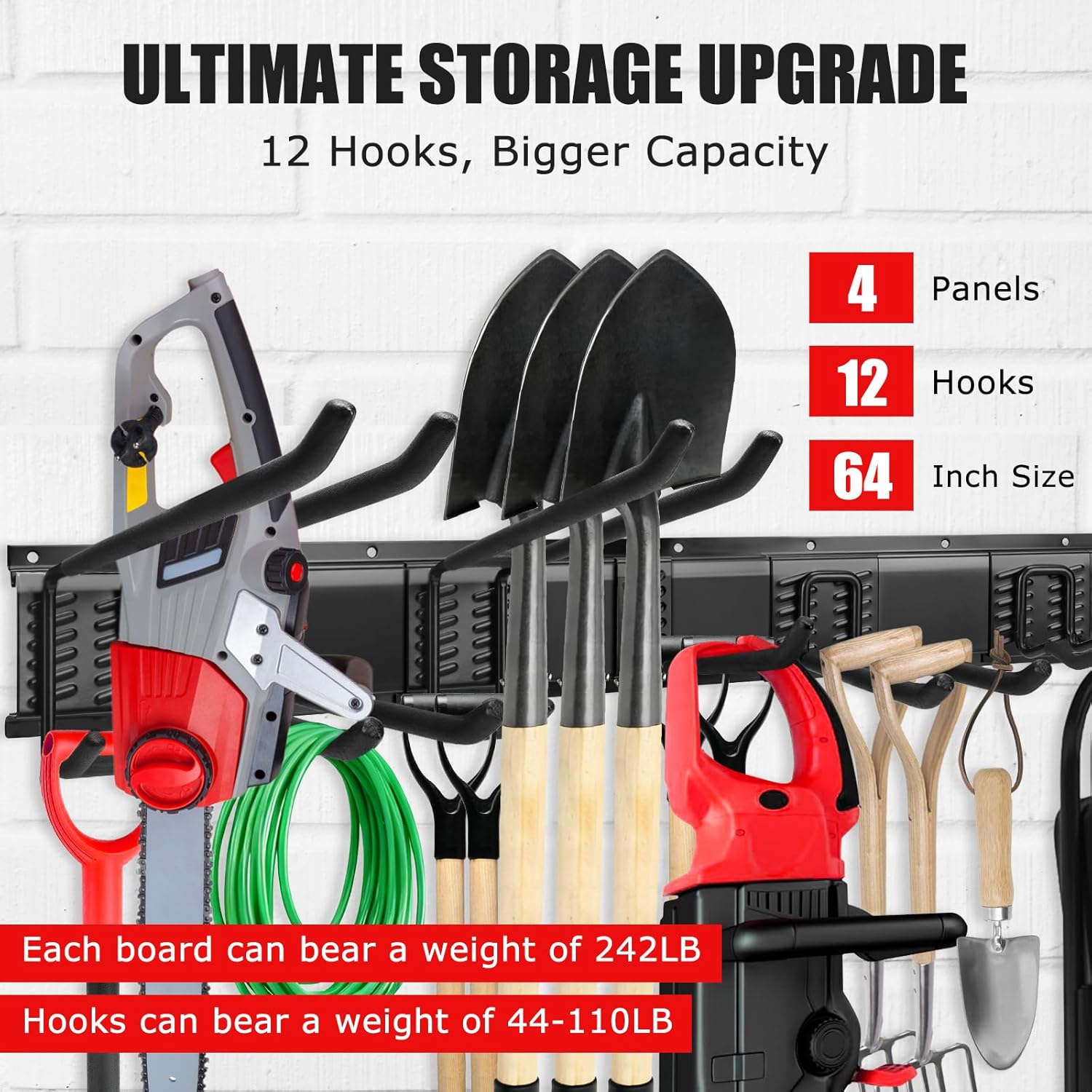 64 Inch Garage Tool Organizer Wall Mount Heavy Duty - 12 Adjustable Hooks Carbon Steel Rack Holds 920lbs, Anti-Rust Storage for Broom Shovel Rake Ladder Power Tools