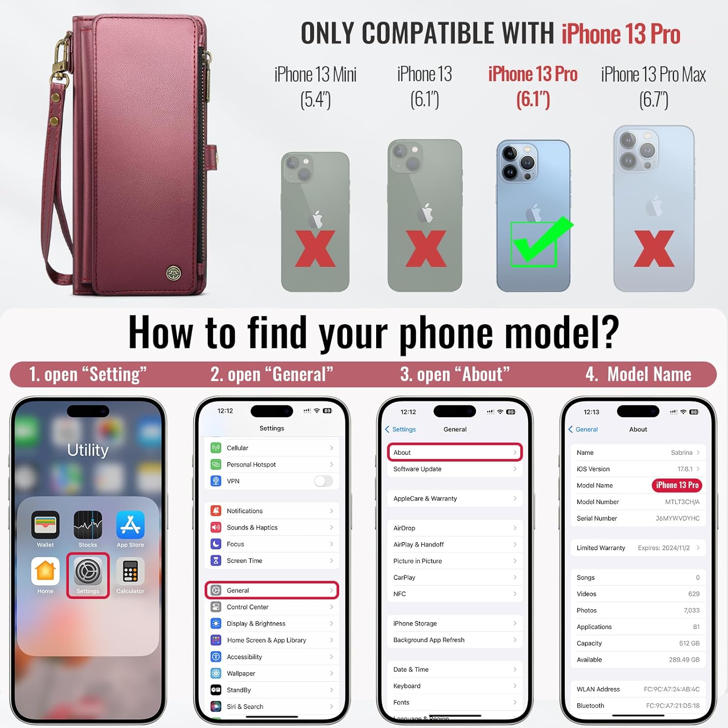 Defencase Compatible with iPhone 13 Pro Case Wallet with RFID Blocking Card Holder for Women Men, Soft PU Leather Magnetic Snap Flip Zipper Strap Wallet Phone Case Fit for iPhone 13 Pro 6.1", Wine Red