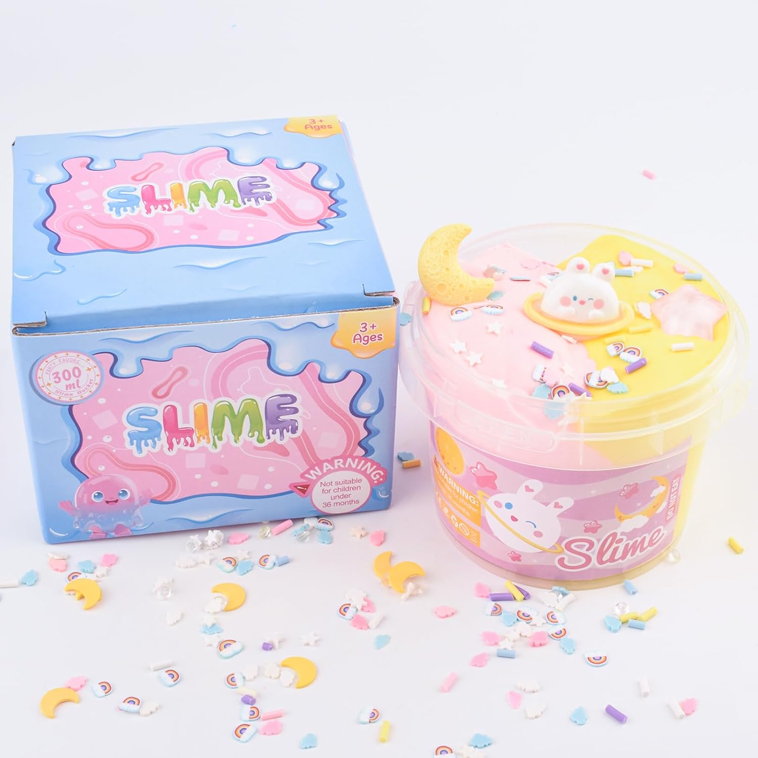 Premade Two-Color Pink Yellow Butter Slime, Soft, Non Sticky, Rabbit Slime Bucket for Kids, Classroom Rewards, Birthday Gifts, Scented Slime Party Favors for Girls & Boys, DIY Stress Relief Toy