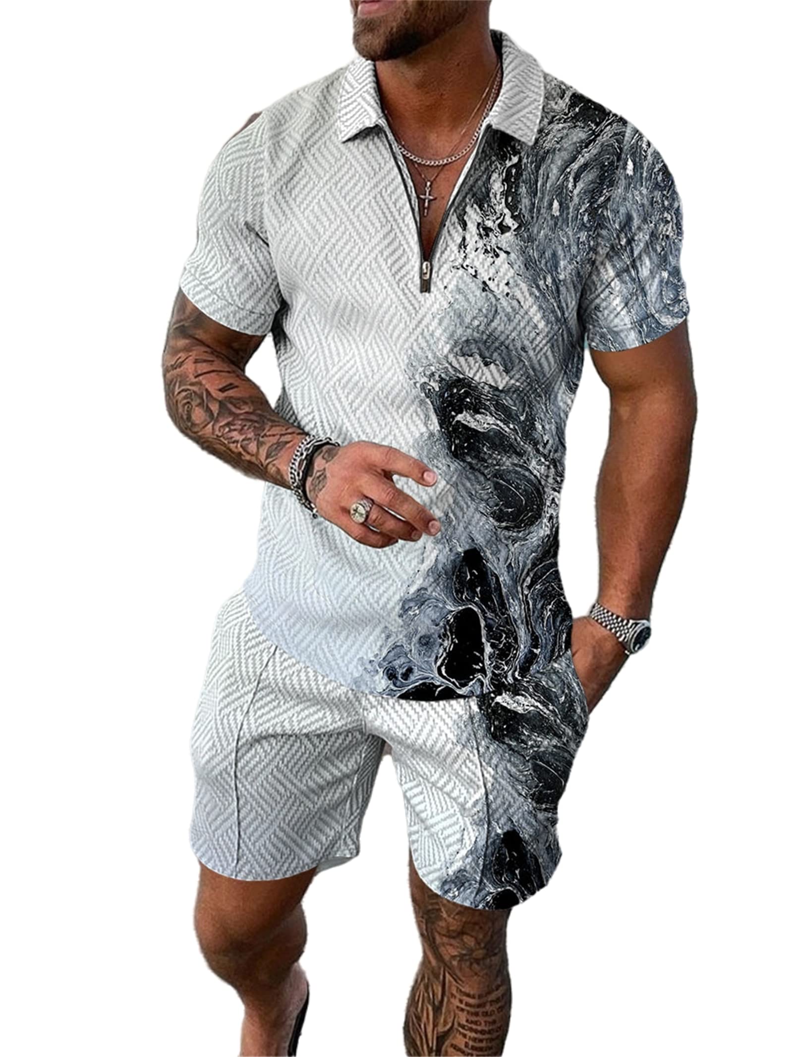 CrazynekosMen's Short Sets Outfits 2 Piece Summer Tracksuit Short Sleeve Polo Shirt and Shorts Set Casual Sport Suit (32,L,L)