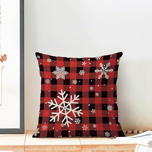 Miniatura 10 de Yxuiyal Fundas de almohada navideñas de 18 x 18 pulgadas, juego de 2 fundas de almohada a cuadros de búfalo negro y rojo para decoración de Navidad,