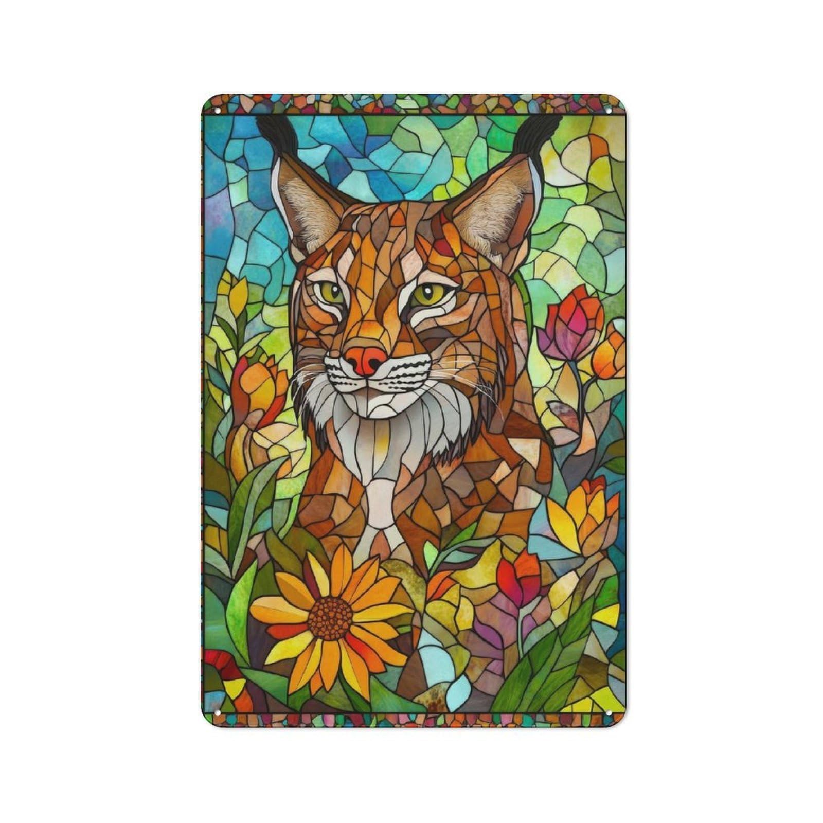 Junmoney Stained Glass Lynx For Man Cave Or Games Room, Retro Tin Sign 30X20cm, A Christmas Gift For People Styling Man Cave And Games Room