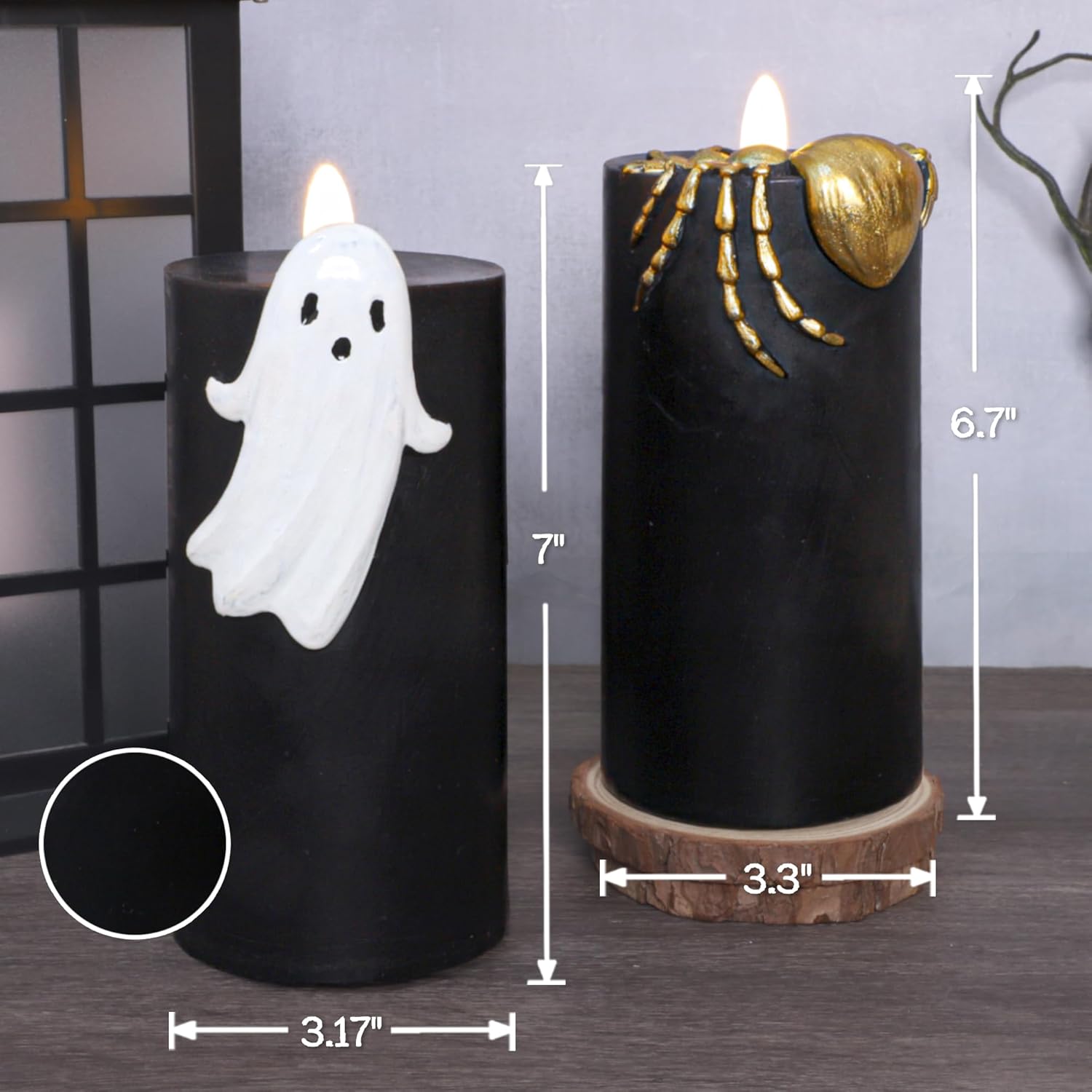 Halloween Spider Ghost Flameless LED Candle, Black & White & Gold 3" x 6", Flickering Pillar, Battery Operated Timer Real Wax Halloween Gothic Home Decor