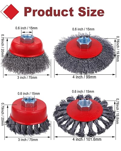 Miniatura 6 de Rocaris Paquete de 6 cepillos de alambre para amoladora angular, cepillo de copa trenzado de 3 y 4 pulgadas para limpiar el óxido, eje roscado de 58