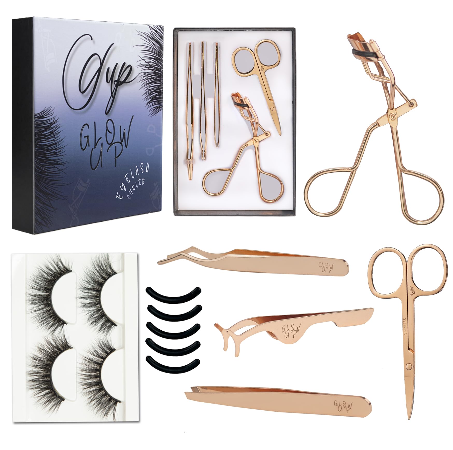 GLOW UP Kit Completo Rizador Pestañas-Pestañas Postizas De Pelo Natural Reutilizables y Accesorios de Alta Calidad para una Mirada Deslumbrante Incluye 5 almohadillas de Silicona.