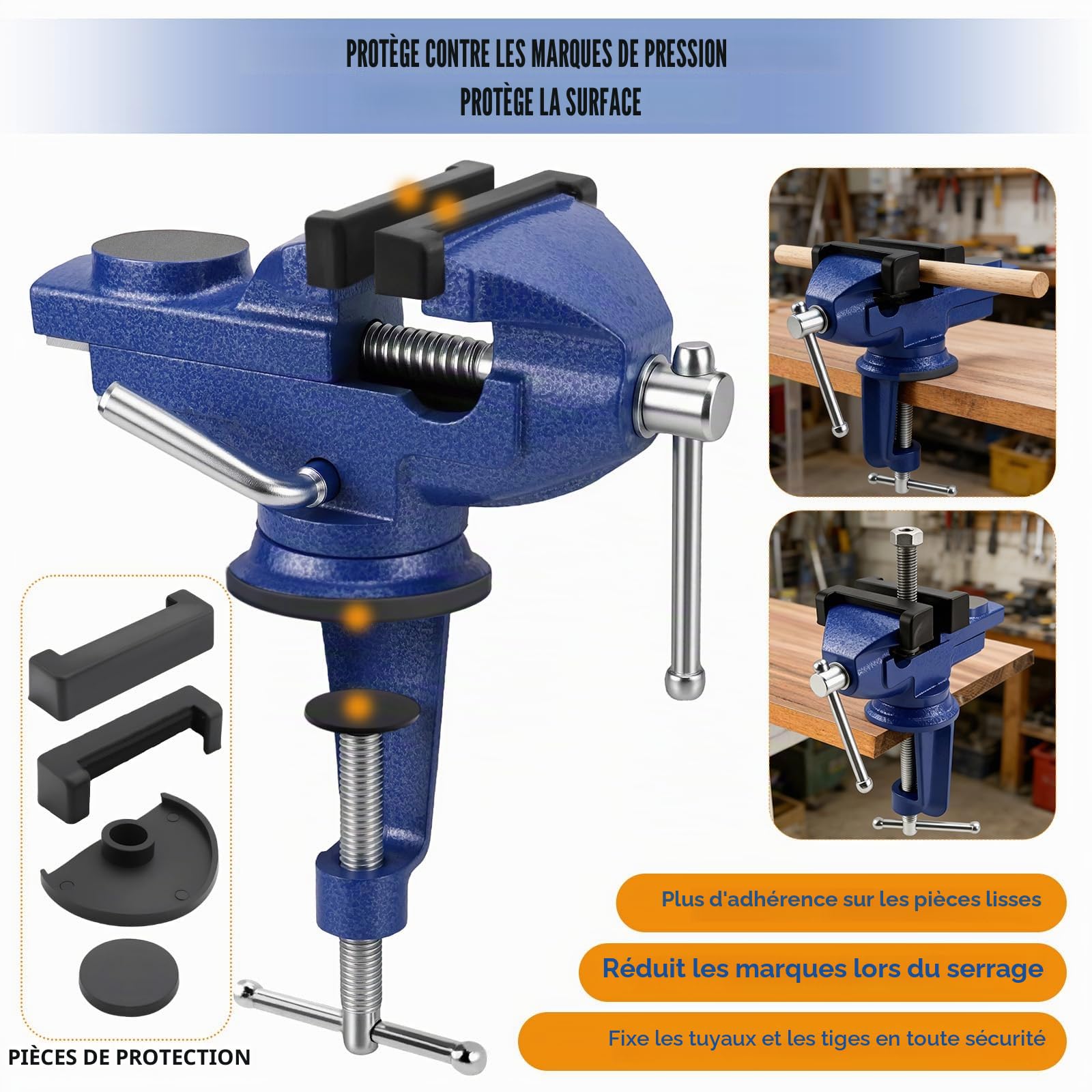 Etau d'établi Pivotant à 360°, 70mm Étau de Table a Pince avec Protections de Mâchoires, pour Travail du Bois, Perçage, Coupe et Polissage