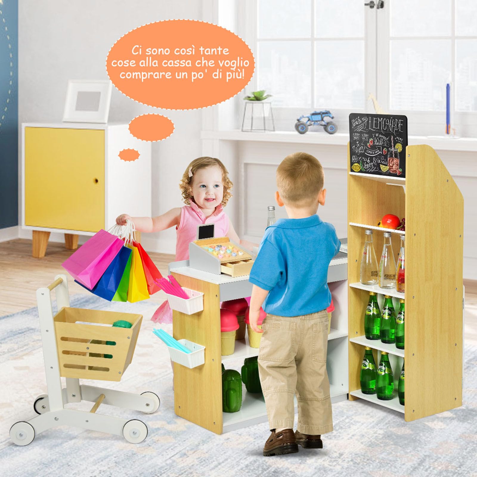 COSTWAY Gioco Negozio Bancarella per Bambini, Market Mercato in Legno, con Carrello della Spesa e Cassa, Bianco e Legno