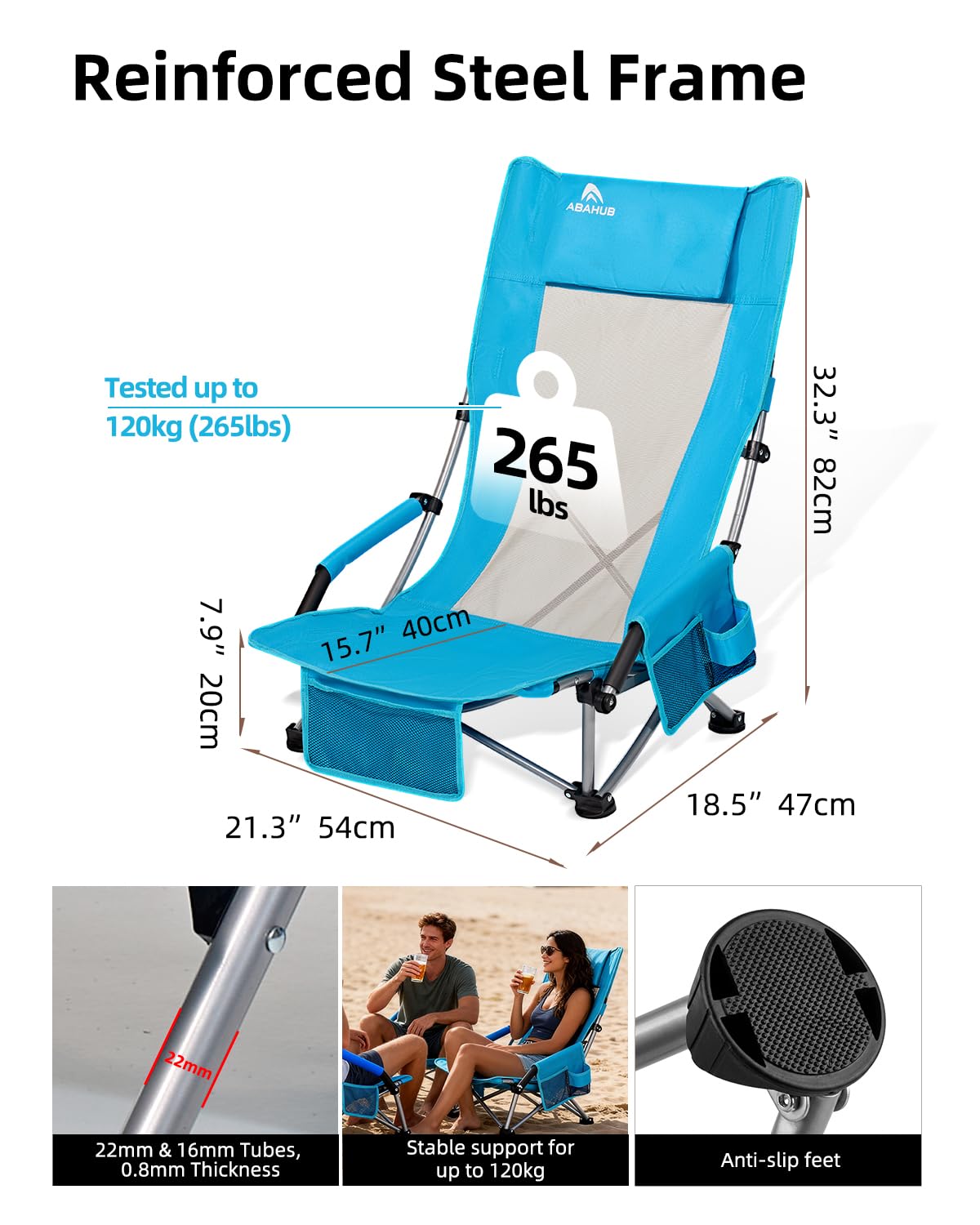 Abahub Strandstuhl Klappbar 120Kg mit Hochlehner Tragetasche Blau | Leicht Beach Chair Campingstuhl Faltbar Strandsitz Campingstuhl Klappstuhl Strand Bequem Tragbar Outdoor Camping 2 Stück