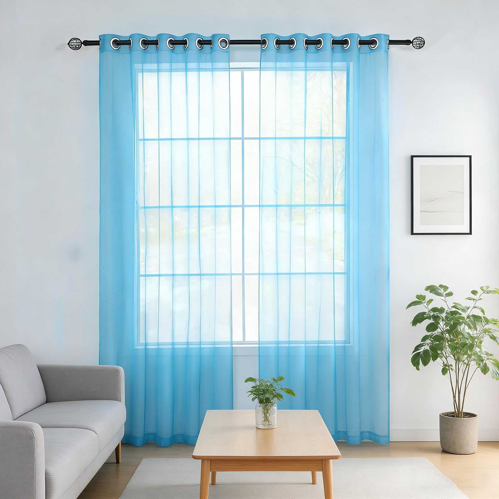 Rideaux voilage bleu ciel 95x220 cm en lot de 2 pièces pour salon