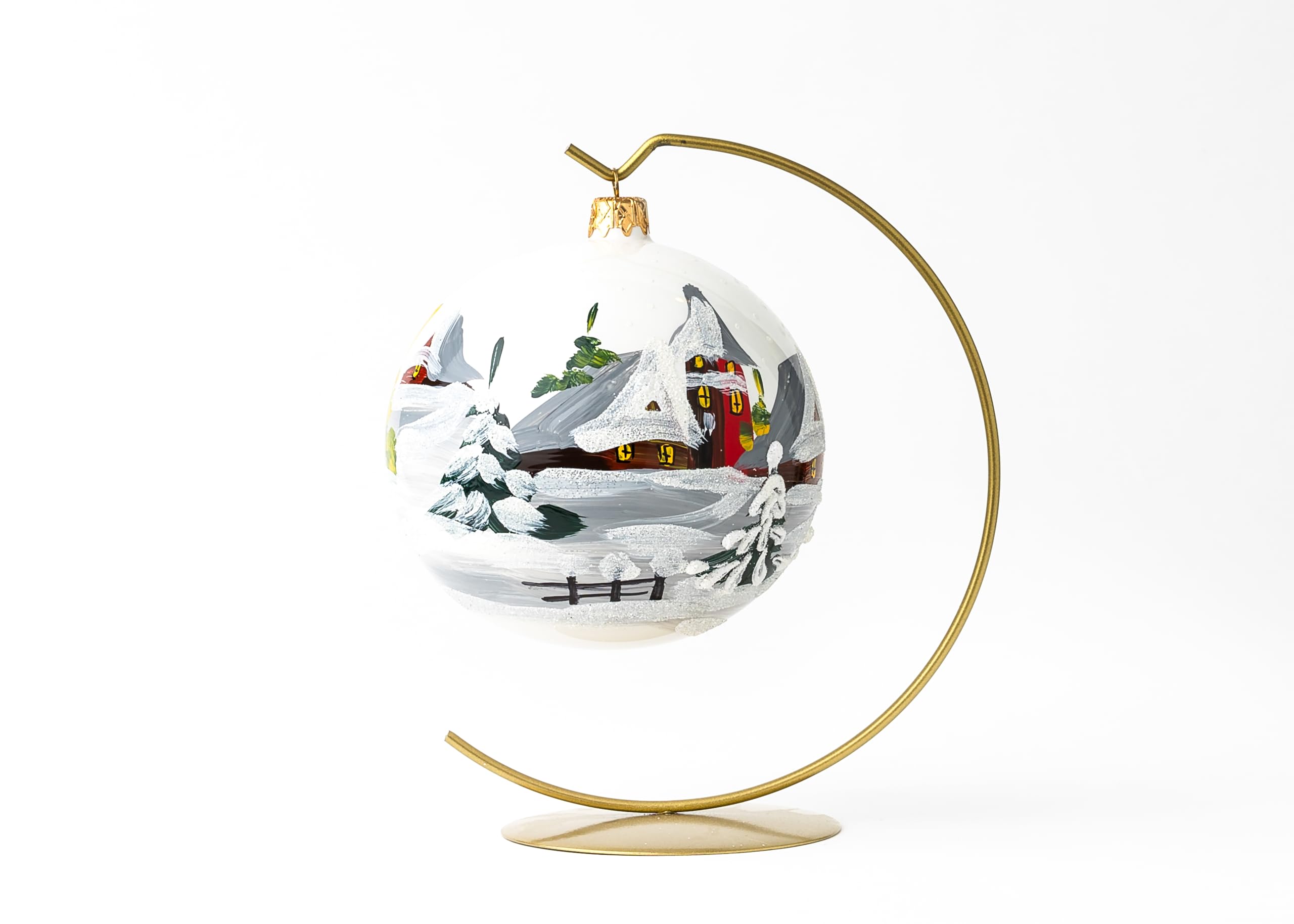 Adorno navideño, paisaje del campo, bola de cristal soplado 5" (blanco ópalo, 120mm)