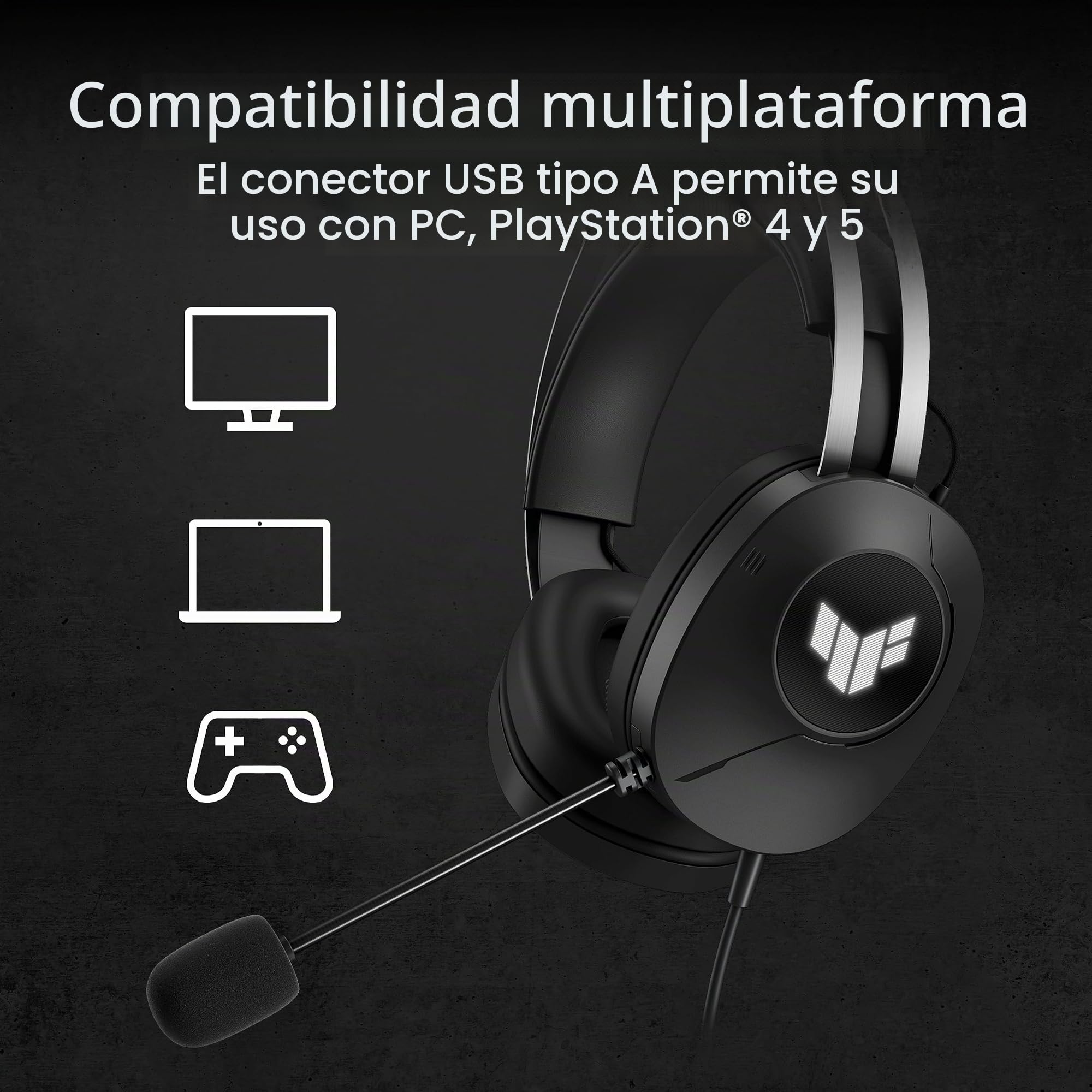 ASUS TUF Gaming H1 Gen II - Auriculares Ligeros de 297g, USB-A con Cable, Controladores de 40 mm, Sonido Envolvente Virtual 7.1, micrófono Team-Speak, Almohadillas duraderas, para PC, PS5 - Negro