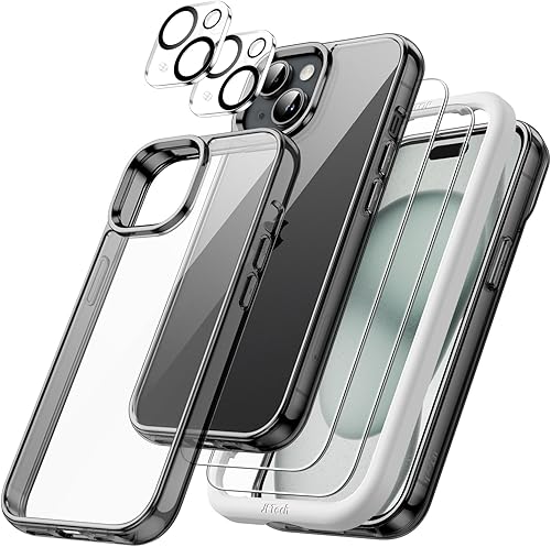 JETech Funda 5 en 1 para iPhone 15 de 6.1 pulgadas con 2 protectores de pantalla de vidrio templado y protector de lente de cámara, no se pone
