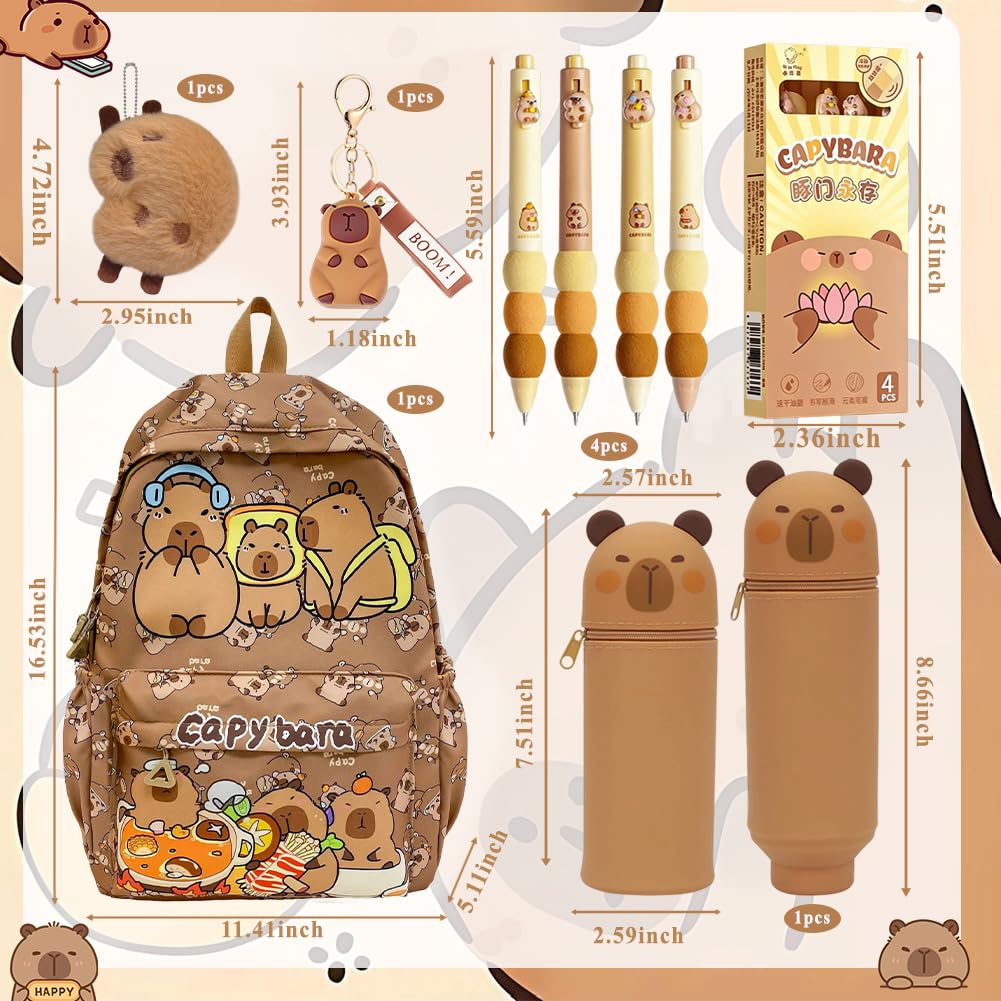 Capybara Backpack Kids, Mochila Capybara Escolar Schoolbag Gran Capacidad Capibara Boligrafos Borrable de Animales,Capibara Estuche De Silicona Suave & Llaveros Portalápices Regalo para Niños