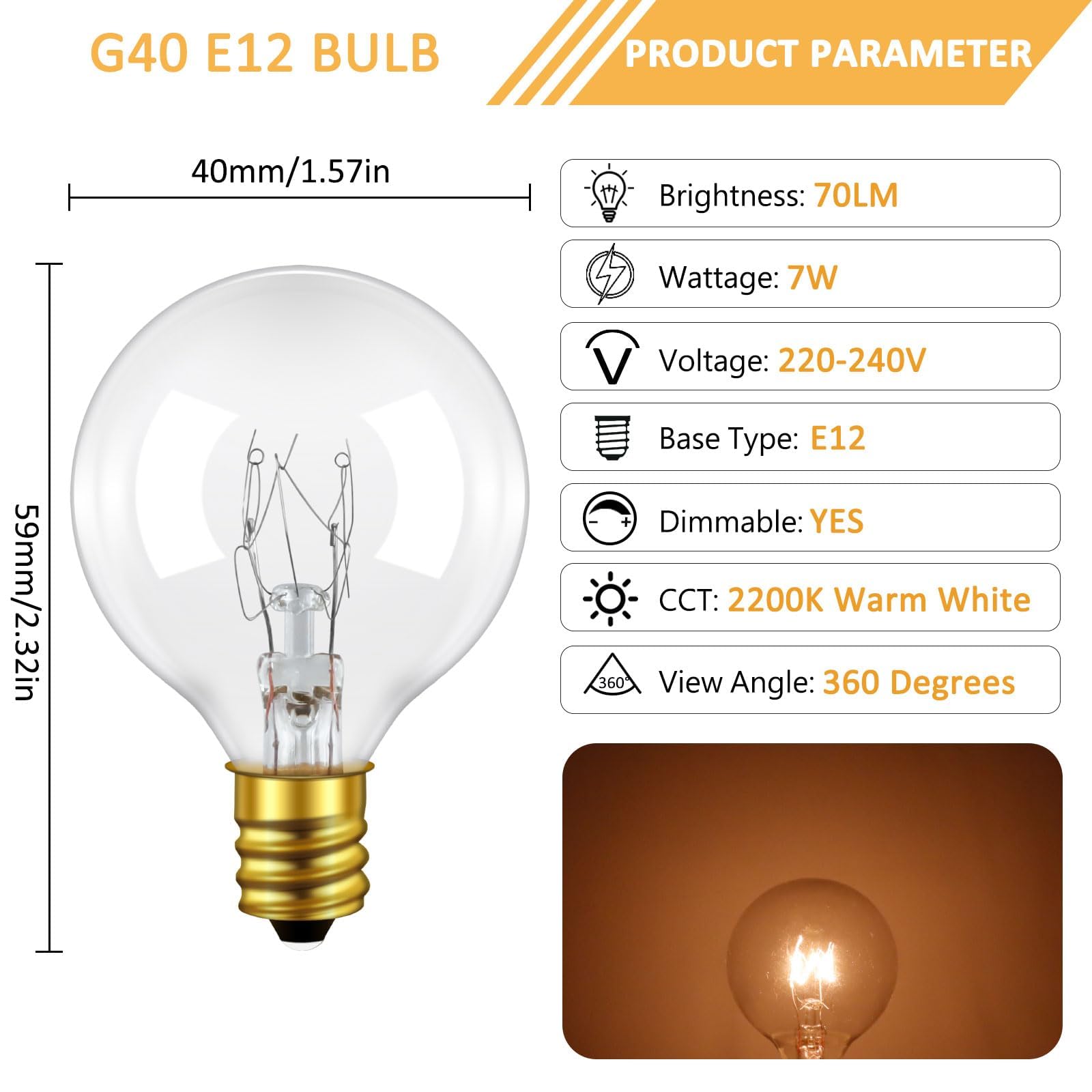 Caldarax E12 G40 Bombillas de Repuesto 7W, Blanco Cálido 2200K, IP44 Resistencia, AC 220-240V, Bombillas de Globo G40, Decoración para Cadena, Fiestas, Jardín, Bodas, Cámping, Paquete de 25