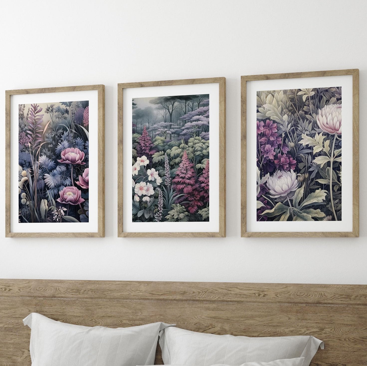 Purple Japanese Botanicals Wall Art Set of 3 Unframed Poster Prints, Tropical Plant Decor