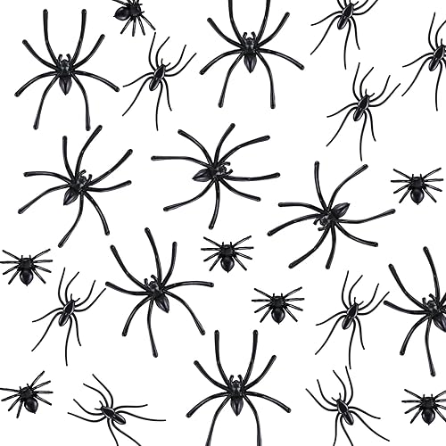 Miniatura 4 de GlyinnHe 240 arañas de plástico realistas, 3 tamaños, pequeños juguetes de arañas negras, mini arañas falsas, accesorios de broma de Halloween para