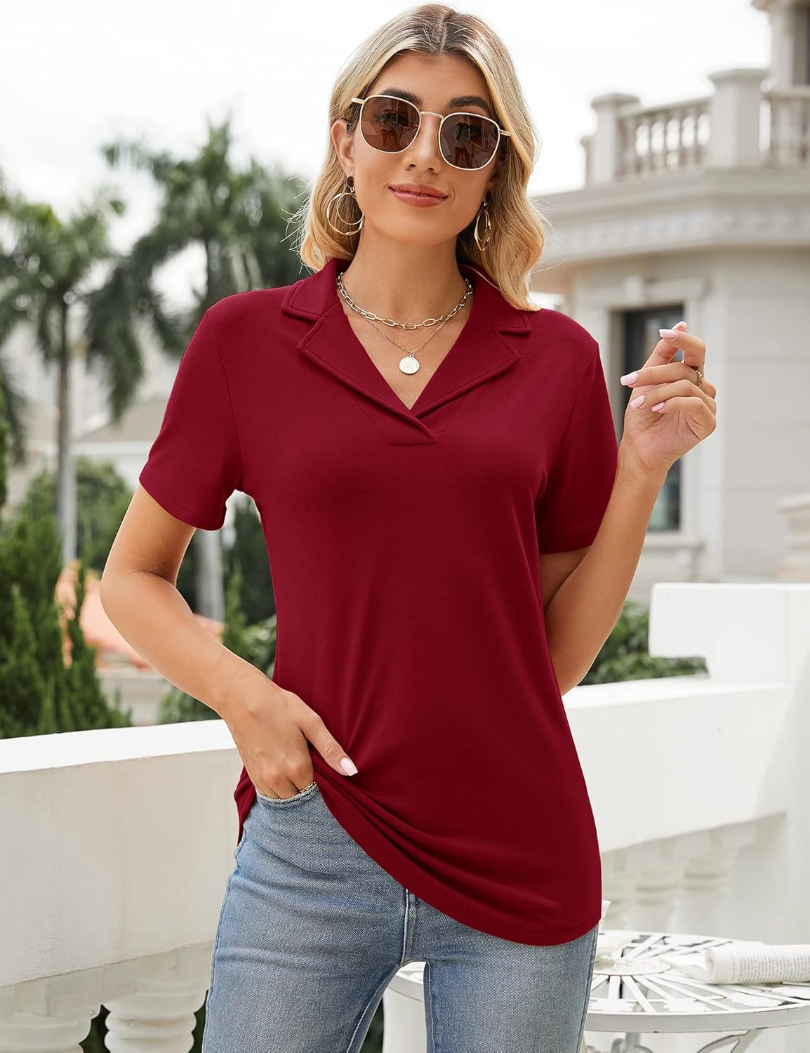 Rapbin Women's Polo Shirts Lapel Collar V Neck Short Sleeve Blouse Dressy Casual Tunic Tops - Image 4