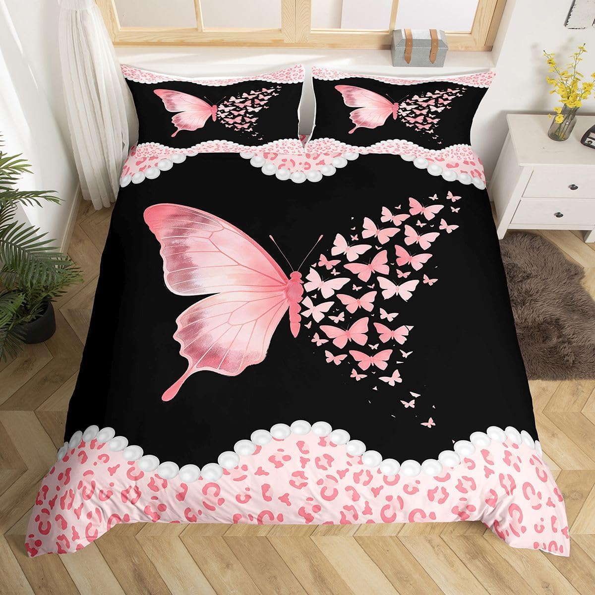 Homemissing Black Pink Leopard Print Duvet Cover Set King Size Pretty Butterfly Print Bedding Set for Kids Girls Women Black Cheetah Duvet Cover with 2 Pillowcases Animal Theme Bedding