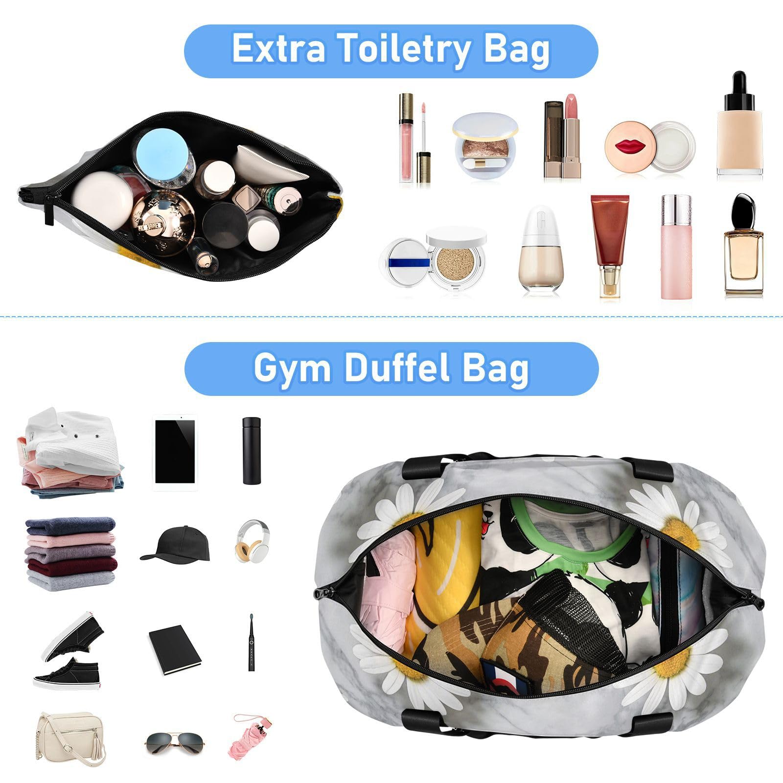 Bolsa de transporte con diseño de margaritas blancas sobre fondo de mármol gris con bolsillo húmedo y correa ajustable, para entrenamiento, juego de 2 piezas para hombres y mujeres