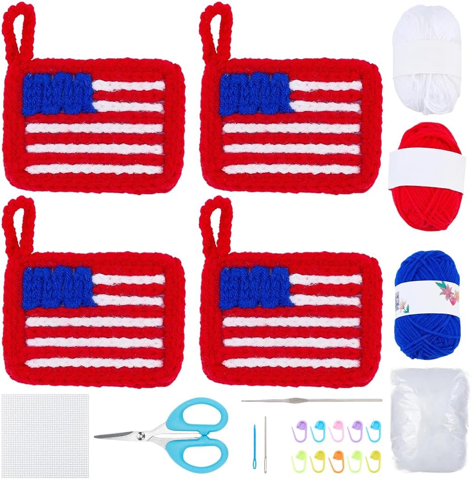 WEBEEDY 4 Sets DIY Flag Crochet Pouch Kit for Adults Beginners, Complete DIY Crochet Knitting Bag Keychain Craft Set with Red White Blue Yarn, Video Tutorial for Patriotic Independence Day Decor Gift
