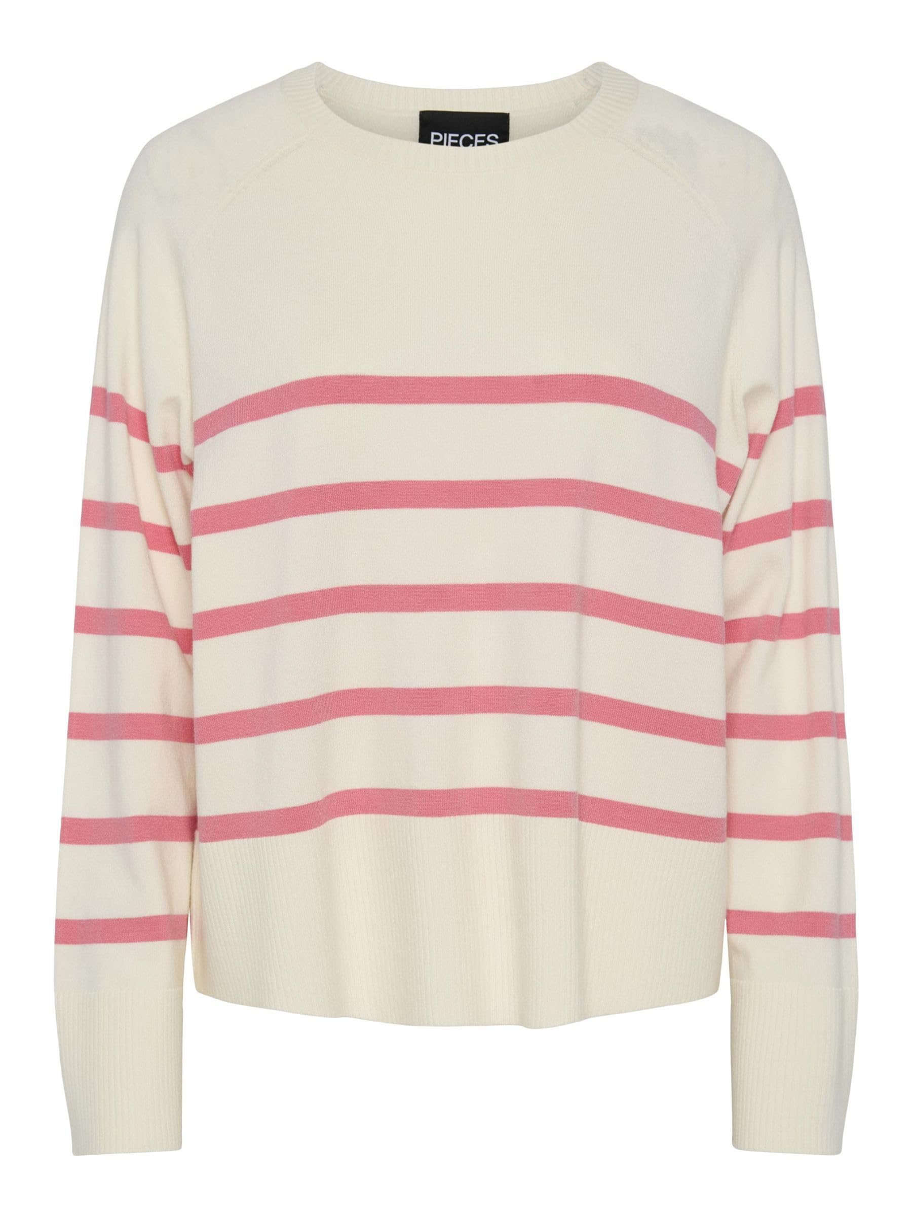 PIECES Women's Pcsia LS Knit Noos BC Knitted Jumper, White/Stripes: Pink Lemonade, M