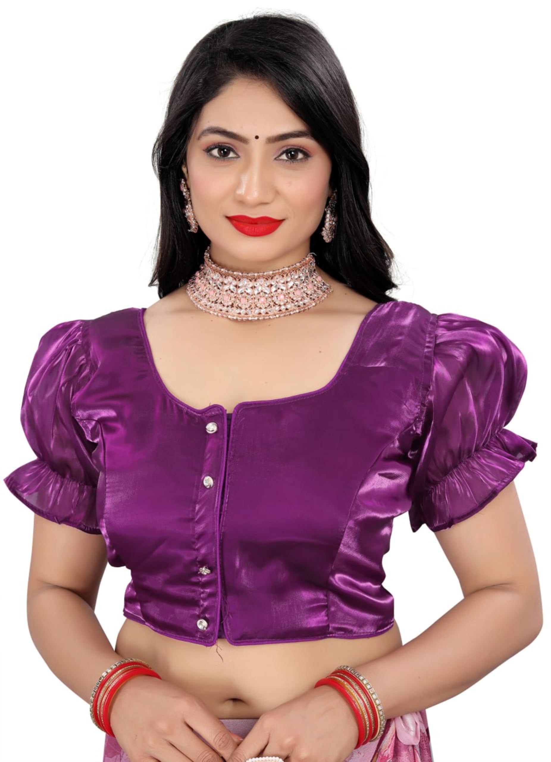 Women's Heavy Soft Zimichoo Organza Blouse - Front Hook Open, Fancy Button Design, Short Puff Sleeves with Elastic, Padded, Ready Size 38 (Alterable 36-40)-image-20