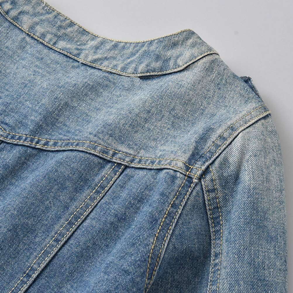 Trendy XU Women Retro Collarless Long Sleeve Short Crop Jeans Coat