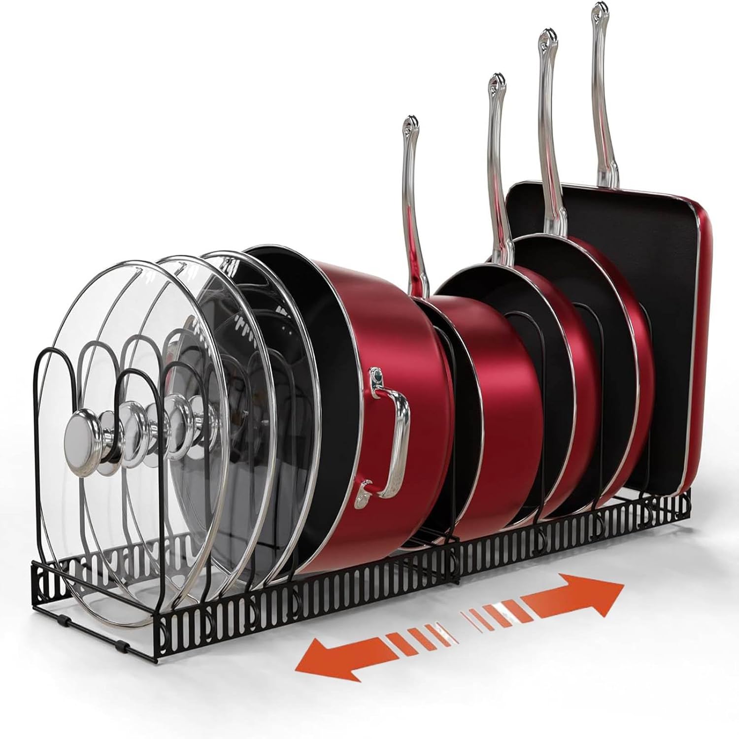 Expandable Pot Rack with 10 Adjustable Compartments for Kitchen Storage Expandable Pot Rack with 10 Adjustable Compartments for Kitchen Storage