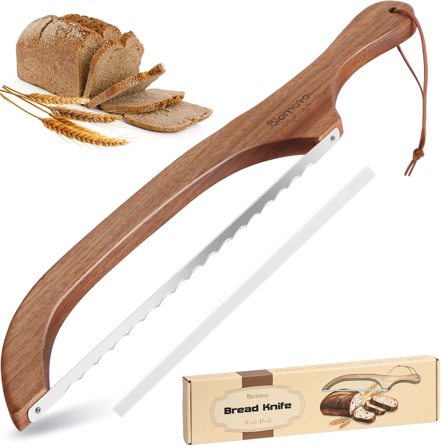 Blamovo Wooden Sourdough Bread Knife, 15.8-Inch Bread Slicer for Homemade Bread, Serrated Bread Cutter for Bagels & Baguettes, Couteau a Pain, Acacia Wood Handle