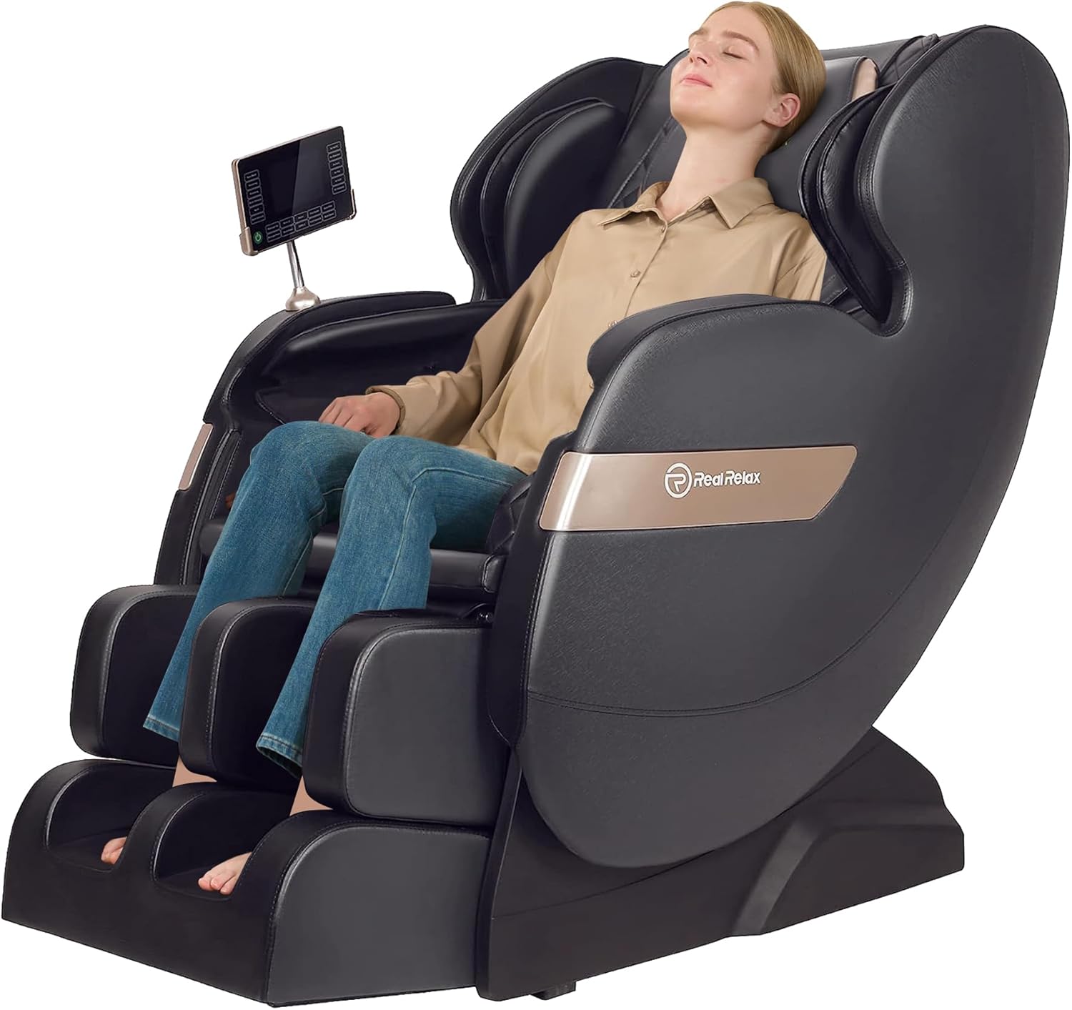 Real Relax 2024 Massage Chair Recliner, Dual Core S Track, Lower Back and Calf Heating, LCD and APP Control, Full Body Airbag Massage, One Button Zero Gravity, Office and Home Use, Black and Gold