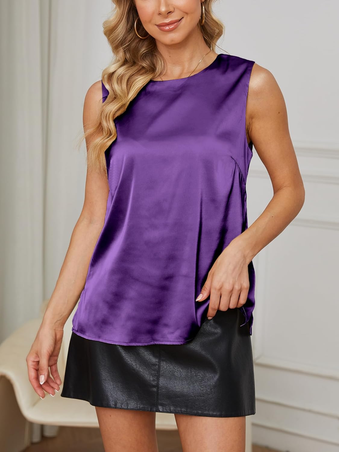 Womens Silk Satin Tank Tops Crew Neck Casual Cami Sleeveless Camisole Blouses Summer Tank Shirt Back Closure - Image 5