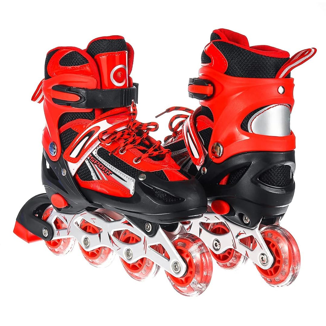 Adjustable Inline Skates Shoes for Kids Boys & Girls with LED Flash Wheels - 4 Wheel Roller Skating Shoes with Aluminium Frame, PU Wheels & Safety Buckle for Outdoor Skating (Red 4 Wheel Skate)-image-19