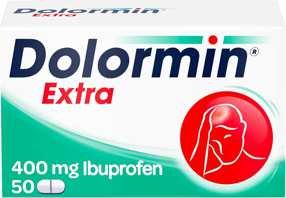 Migräne - neue Medizin gegen Brummschädel 3 Dolormin Extra – Schnelle Hilfe bei Schmerzen – wie Kopf-, Zahn- und Regelschmerzen – mit Ibuprofen-Lysin – 50 Stück