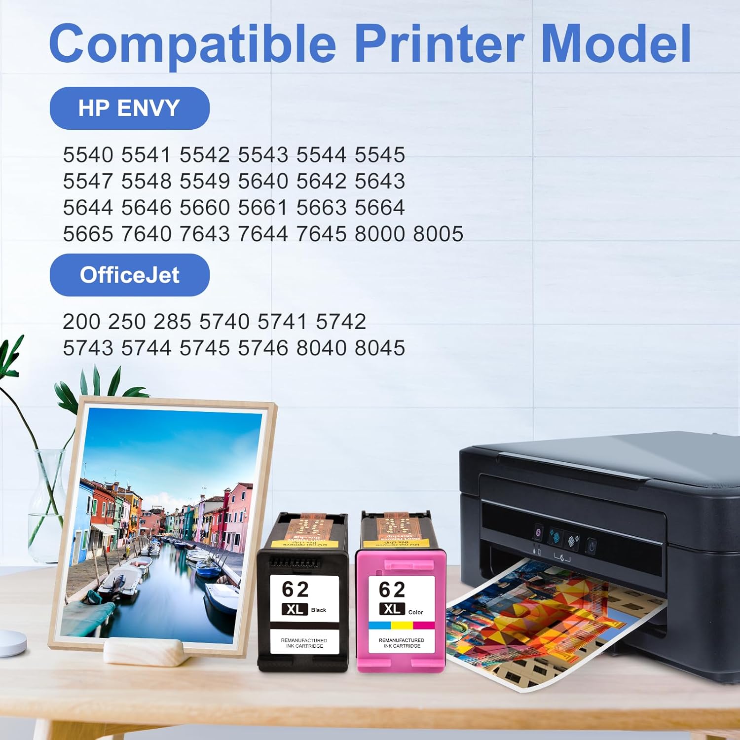 62XL Ink Cartridges Black and Color Replacement for HP Ink 62 for HP 62XL Ink Cartridge Combo Pack HP62 HP62XL for HP ENVY 7640 7645 5660 5540 5640 Officejet 5740 8040 Mobile 200 250 Printer Ink 62 XL