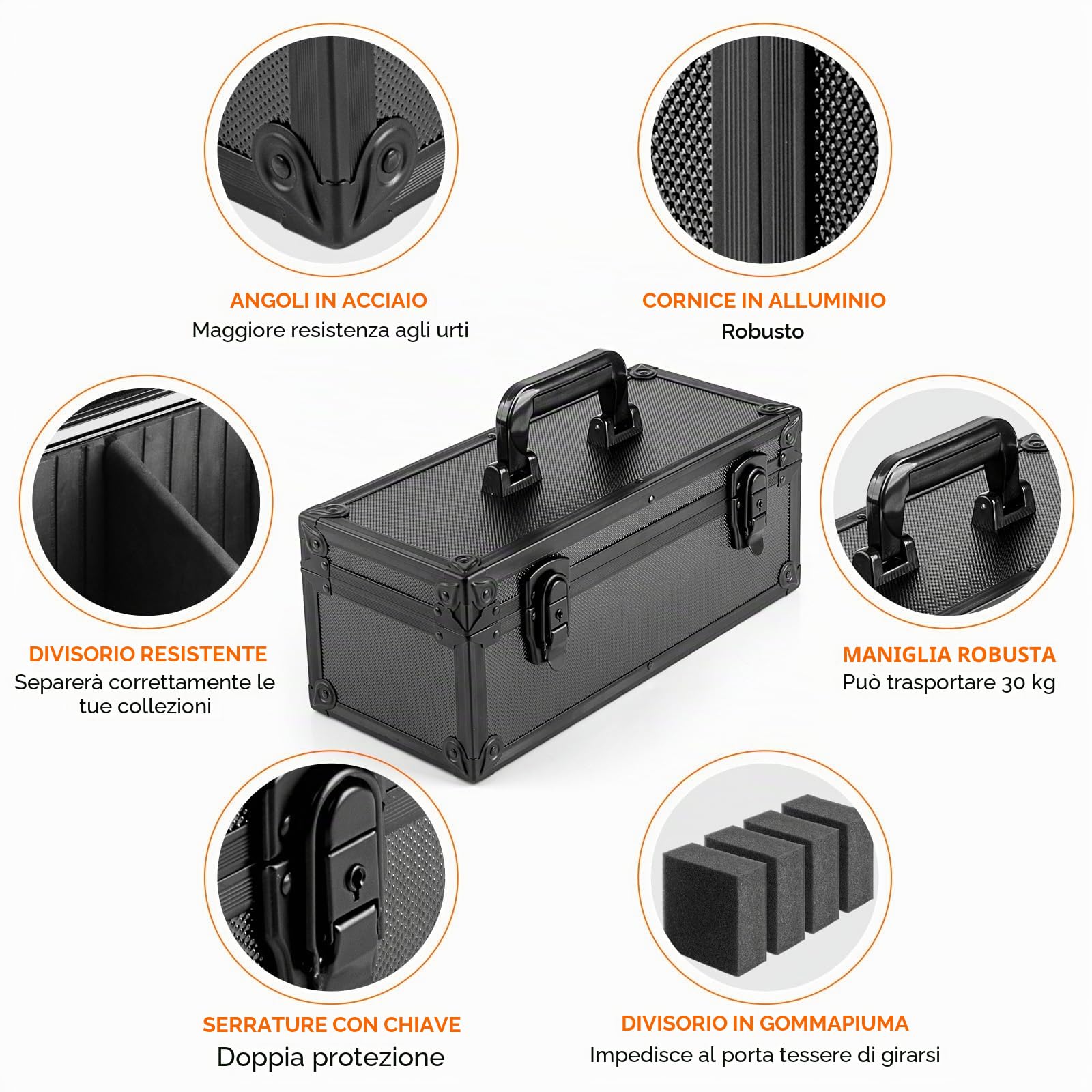 Scatola Porta Top Loader, Valigetta Carte Gradate con Lucchetti a Chiave, Trading Card Holder Box per 300+ Top Loaders, 76 One Touch (35pt), 48 PSA/GMA, 43 CSG, 41 SGC, 36 HGA