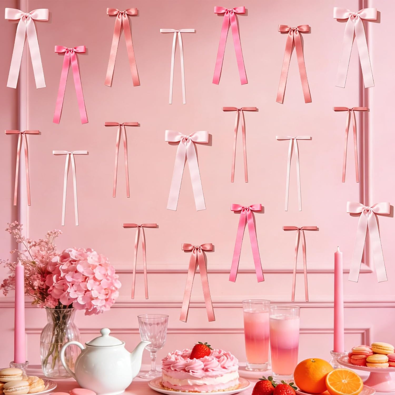 STEFORD 40 Pcs Pink Ribbon Bows Wall Decor in 5 Styles, DIY Reusable Photo Backdrop Pink Satin Bows Garland for Birthday Party Baby Shower Wedding Coquette Bedroom Backdrop Decoration for Girls