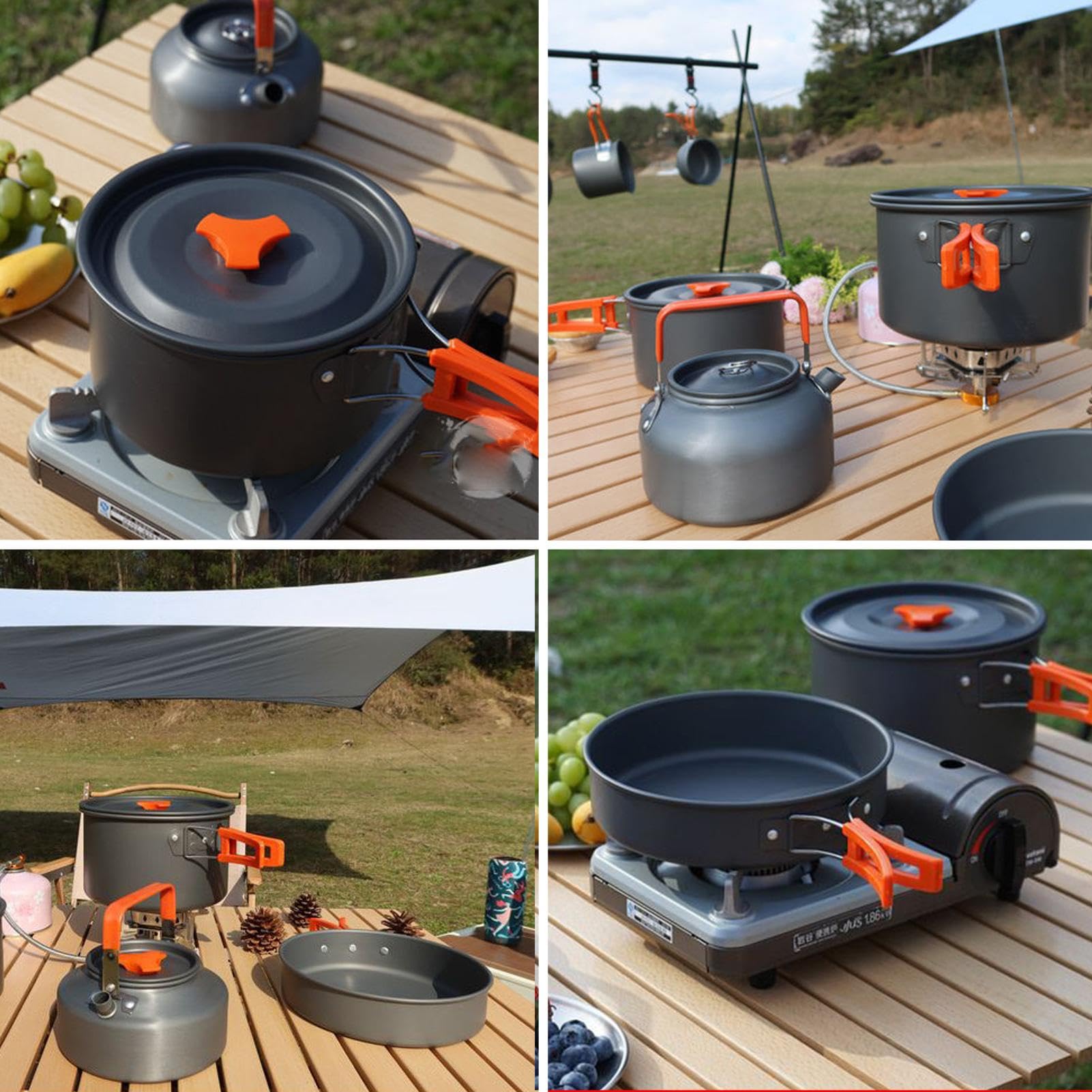 Ensemble de cuisine de camping – Ustensiles de camping portables et légers | Casseroles de camping antiadhésives, ensemble compact de cuisine de randonnée, équipement de cuisine de voyage, matériau de
