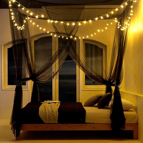 Miniatura 9 de Twinkle Star Toldo de cama de 4 postes esquineros elegante cortina para cama matrimonialqueenking size blanco