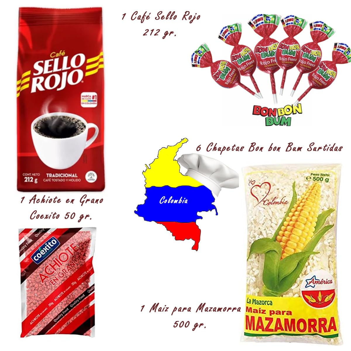 Set Degustación PREMIUM de Comida y Bebidas Colombianas | Productos y Alimentos de Colombia | Café Sello Rojo, 6 Chupetas BonBonBum sabores Surtidos, Maiz de Mazamorra y Achiote en grano de 50 gr.