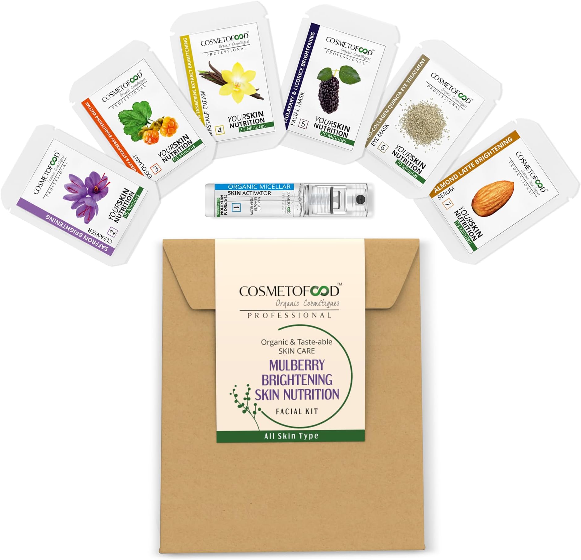 Cosmetofood Professional Mulberry Brightening Skin Nutrition Facial Kit for Men and Women | 7 Easy Steps | Prevents Skin Damage, Soothing Skin Conditions, Combat Signs of Aging, Minimize Breakout | Ideal for All Skin Type | Paraben, Sulphate & Chemical Free, 35ml
