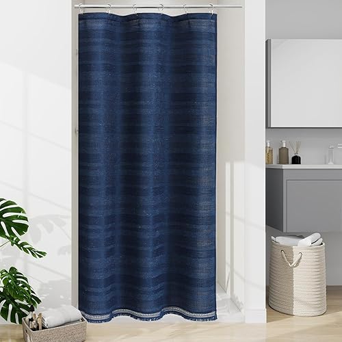 Miniatura 16 de Juego de Cortina de Ducha Boho Granja con Borla, Juego de Cortina de Ducha de Lino Bohemio Francés Country Chic para Baño, Cortina de Ducha Moderna