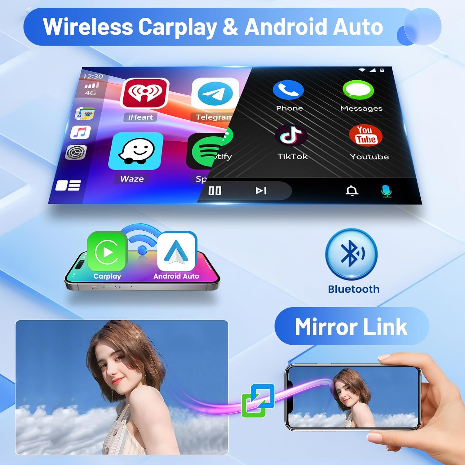 Wireless Carplay, Android Auto, Bluetooth, and Mirror Link features demonstrated