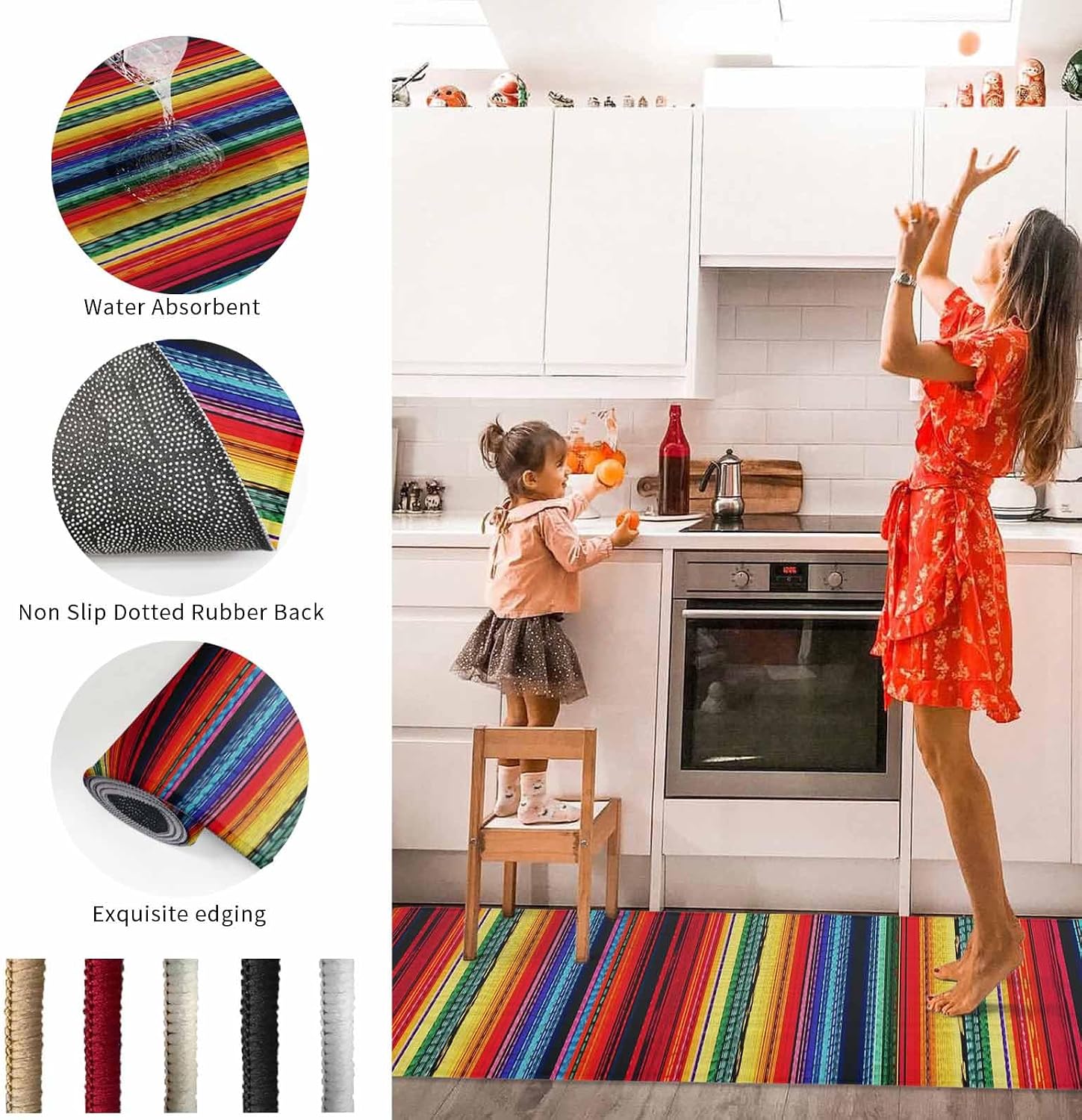 2 Pieces Kitchen Rugs and Mats,Modern Colorful Mexican Stripe Area Runner Rug Set Non Slip Floor Doormat Washable Carpet Standing Mat for Kitchen Sink Indoor Corridor,Boho Gradient Rainbow Line