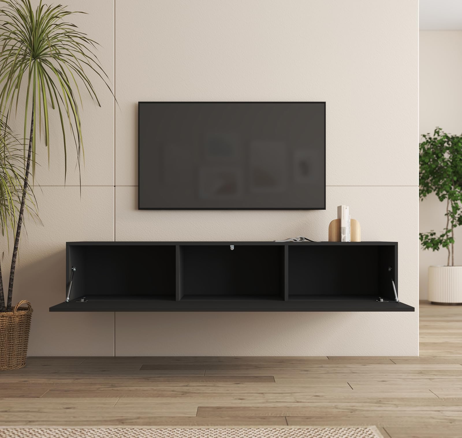 MB Muebles Bonitos, Meuble TV Mural Nora H2 pour Salon Moderne, Meuble Suspendu avec 1 Porte 3 Compartiments, Couleur Noir, 160x30x40 cm